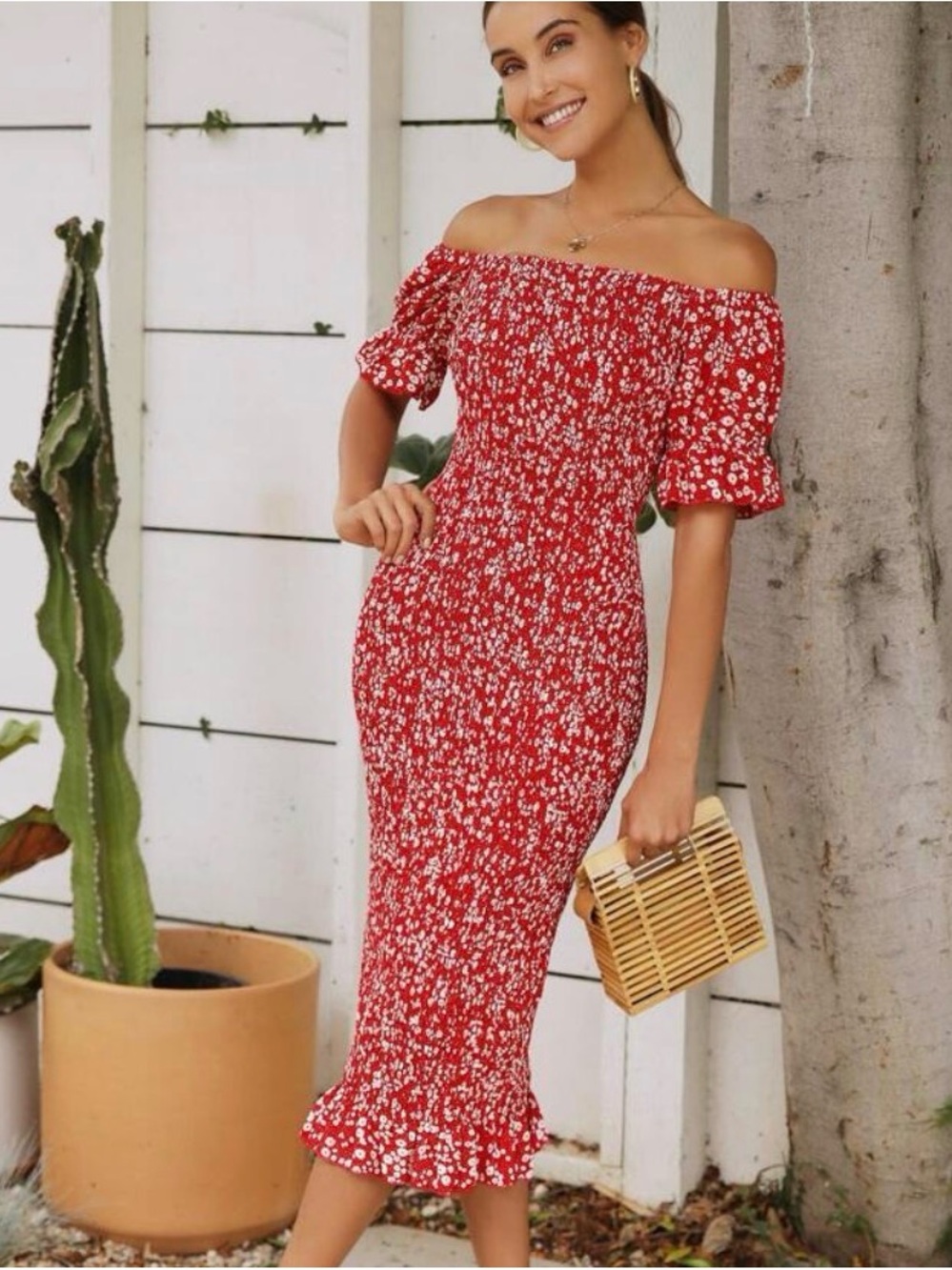SHEIN Off Shoulder Large Red & White Puff Sleeve Midi Dress Size Large